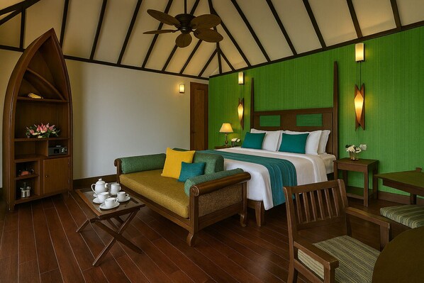 Una habitación con cama, sofá, aparador de madera y ventilador de techo.
