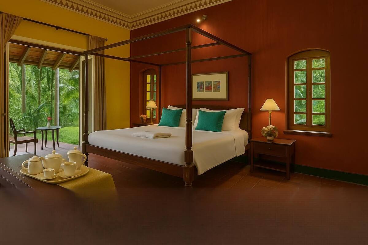 A four-poster bed with a canopy, a small table with a tray of white tea cups, and a window with a view of greenery.