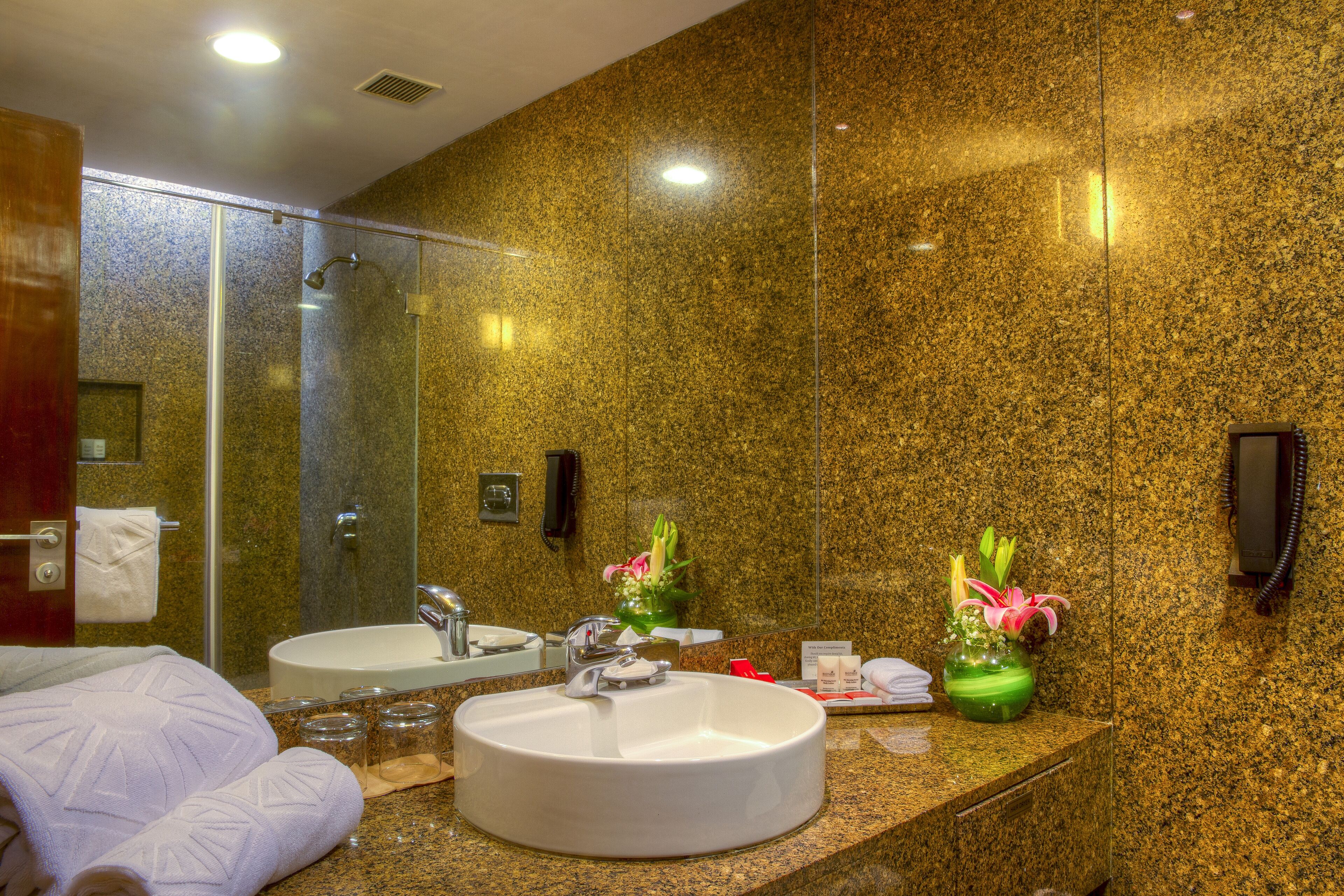 free toiletries, hair dryer, slippers, towels