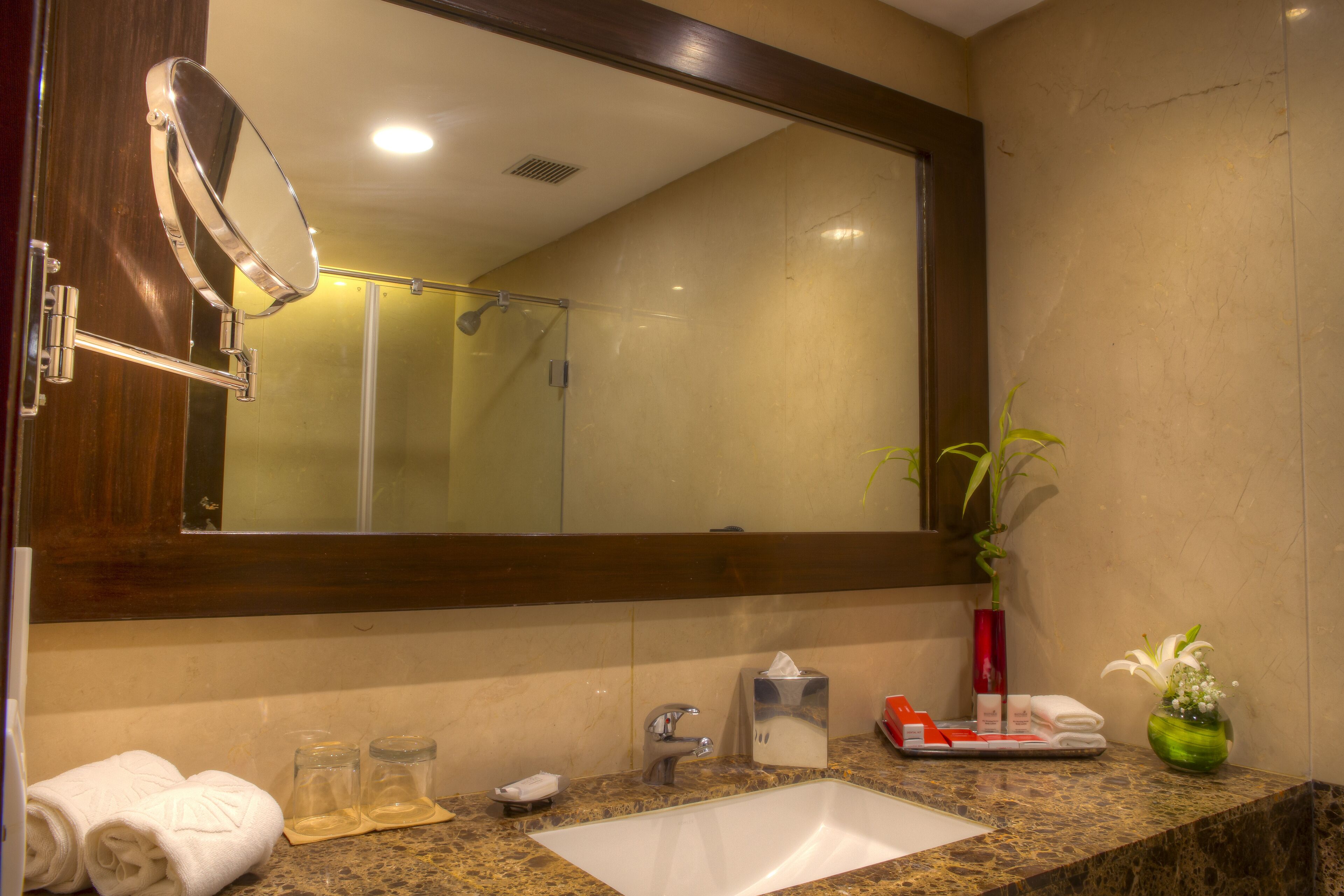 A bathroom with a large mirror, sink, and a potted plant.