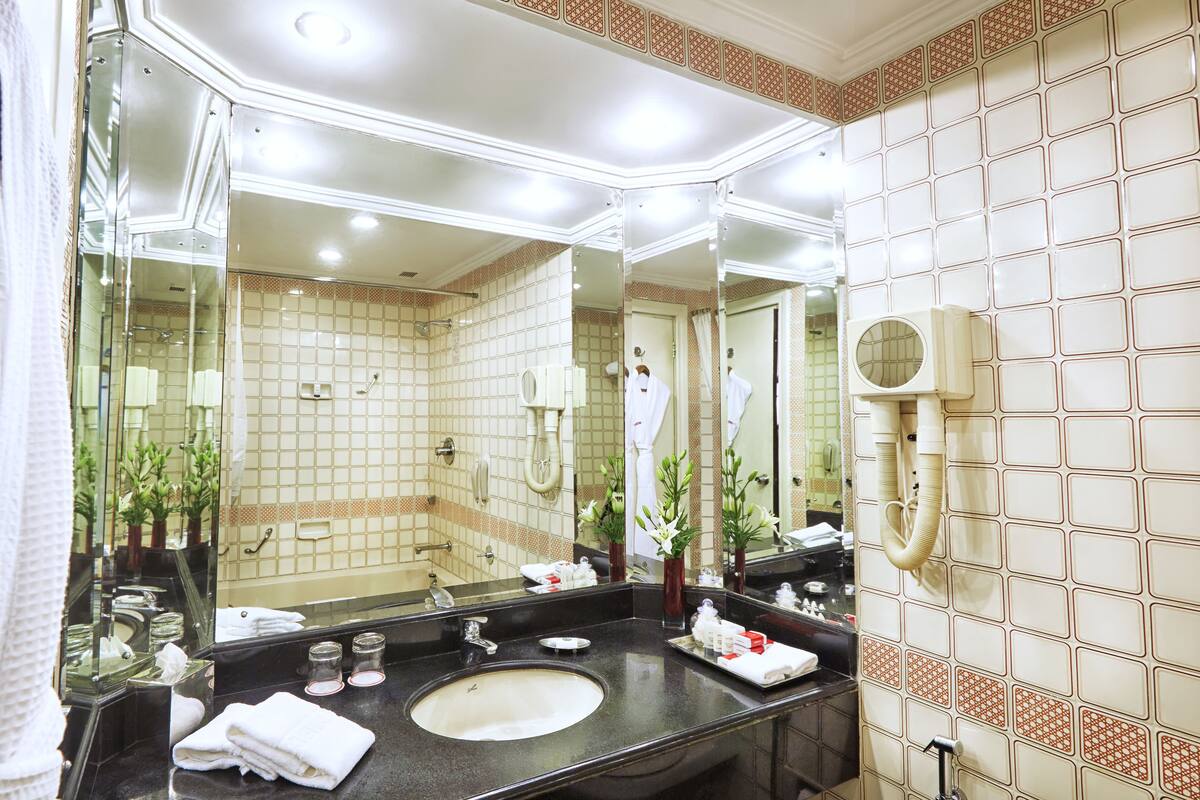 combined shower/bathtub, free toiletries, hair dryer, slippers