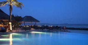 Outdoor pool, pool umbrellas, pool loungers