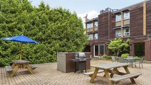 Un espace extérieur aménagé en terrasse, avec des tables de pique-nique et un barbecue, entouré d’un sol en briques et d’un grand arbre.