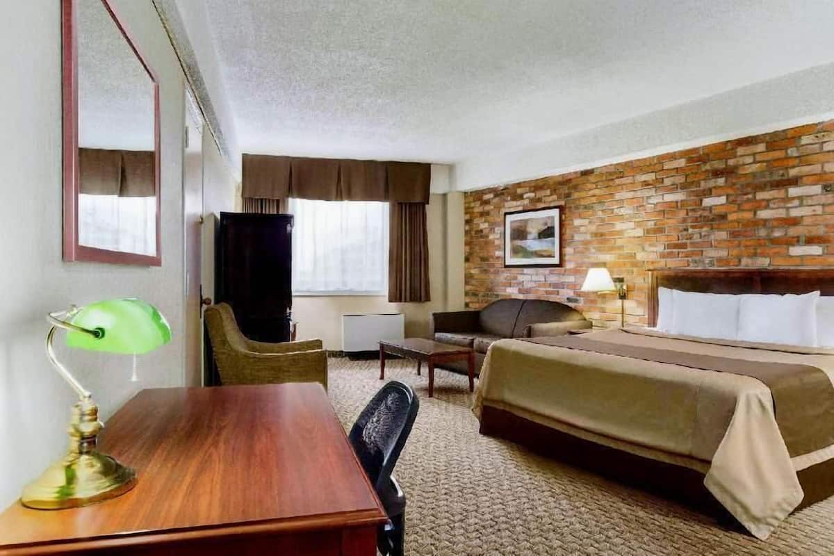 Habitación de hotel con pared de ladrillo, cama, escritorio con lámpara, una silla y televisor.