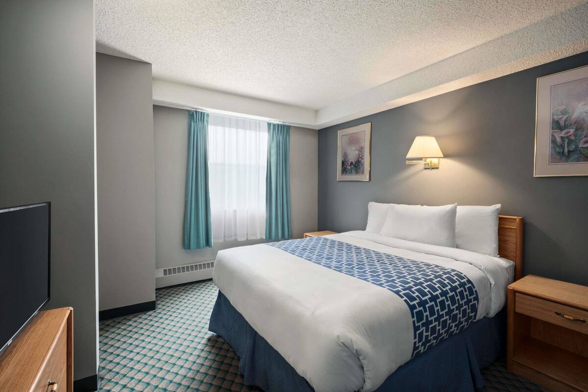 A hotel room with a large bed, a bedside table, a lamp, and a television.