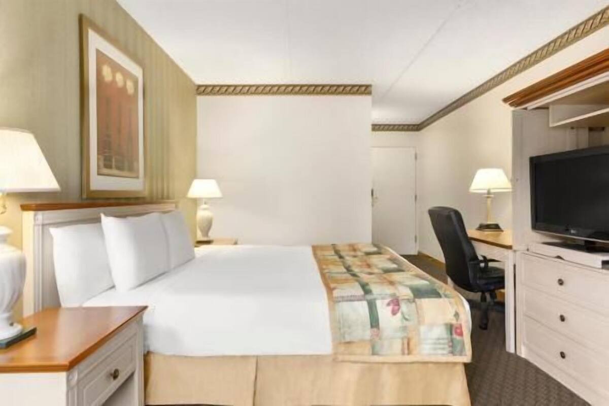 Een hotelkamer met een bed, nachtkastjes, een bureau met stoel, een televisie en een schilderij aan de muur.