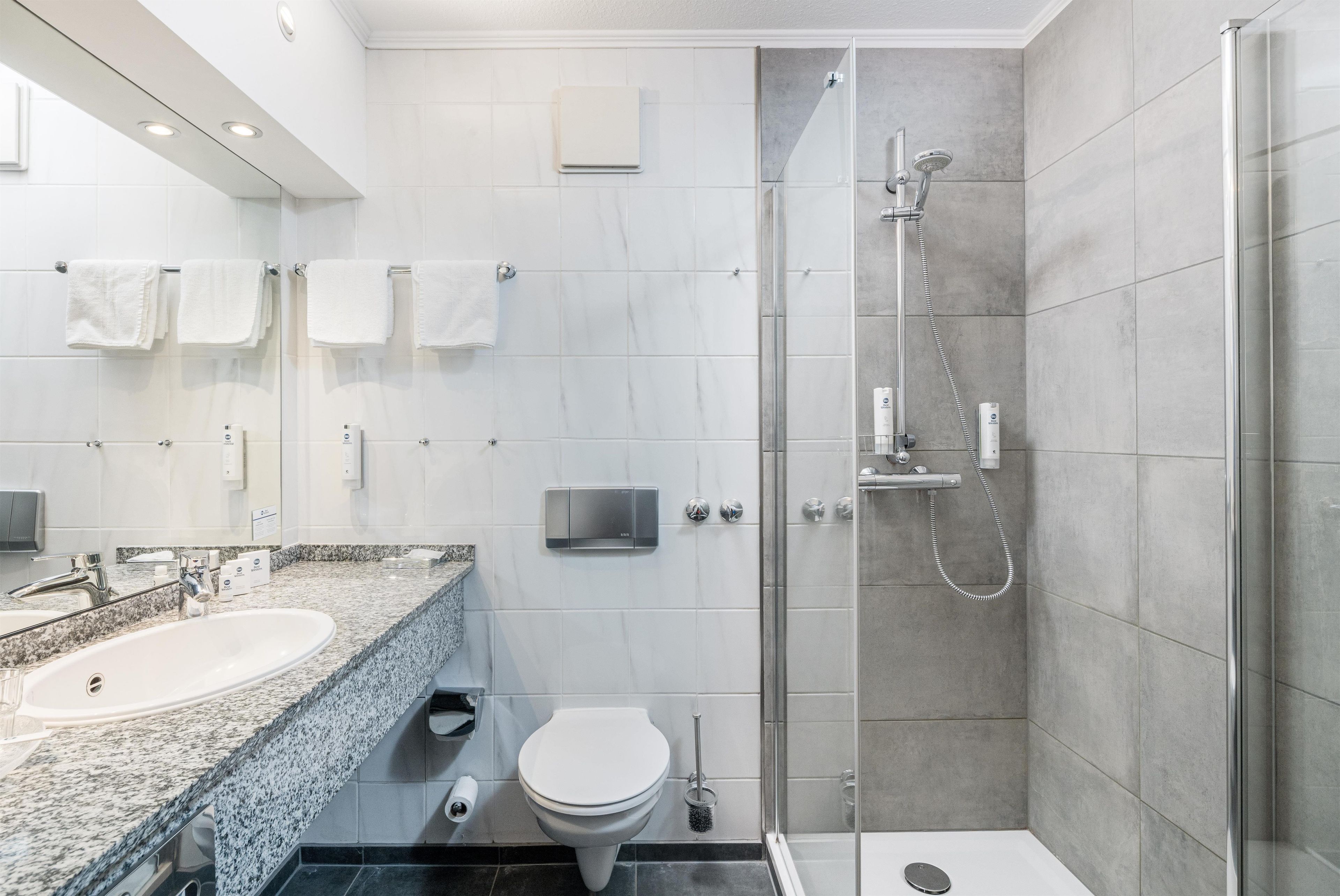 Ein modernes Badezimmer mit einer gläsernen Dusche, einem мраморном Waschbecken und einer Toilette.