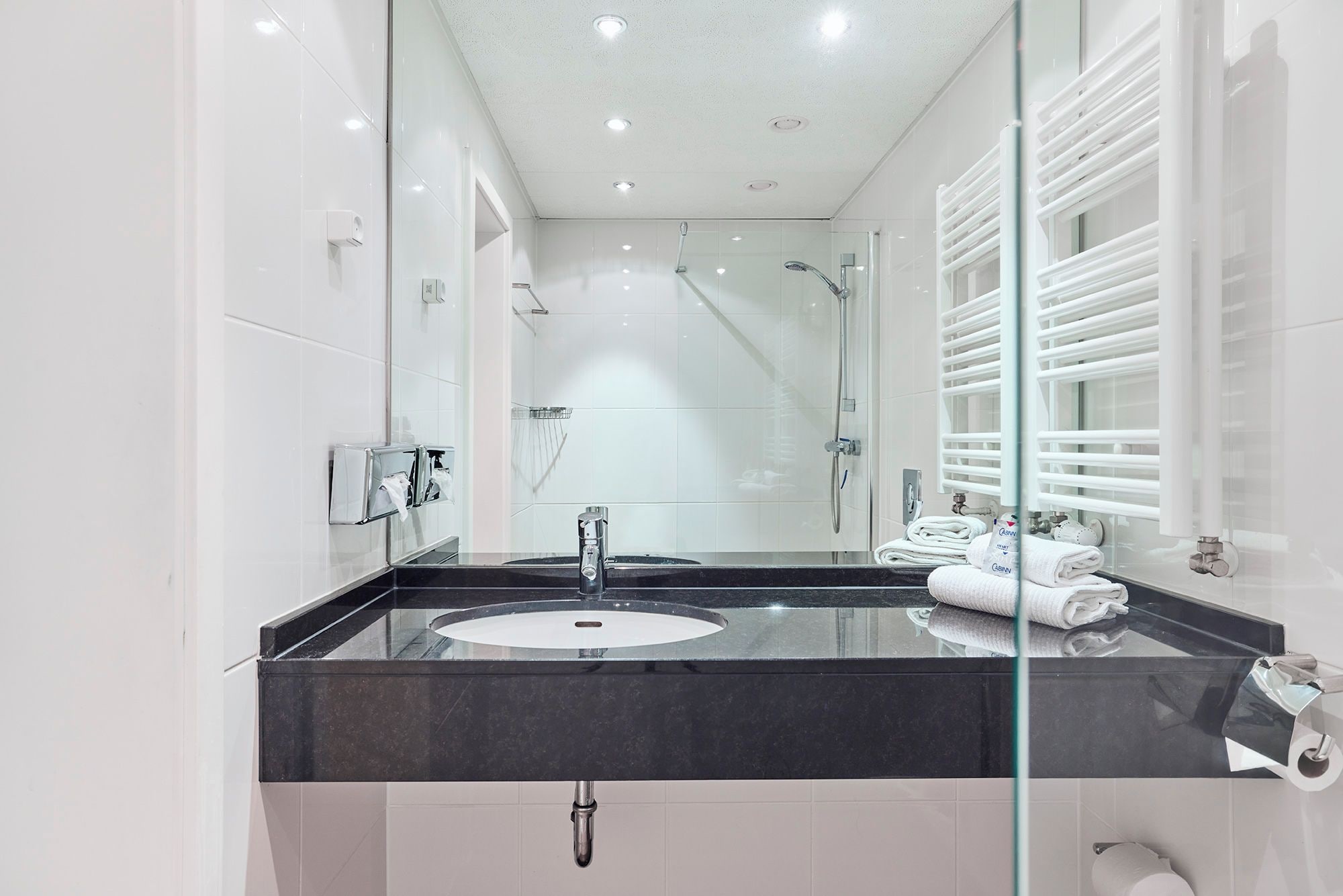 Une salle de bain moderne avec une douche à parois de verre, un lavabo sur un plan de travail noir et un grand miroir.