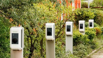 Free parking nearby, car charging station