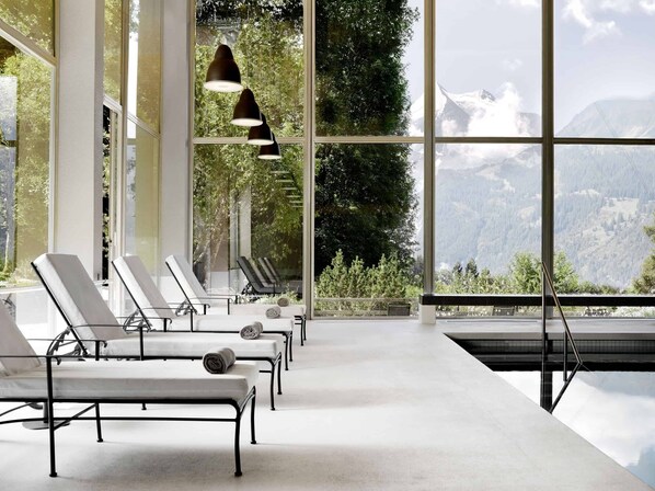 Indoor pool, outdoor pool, pool loungers