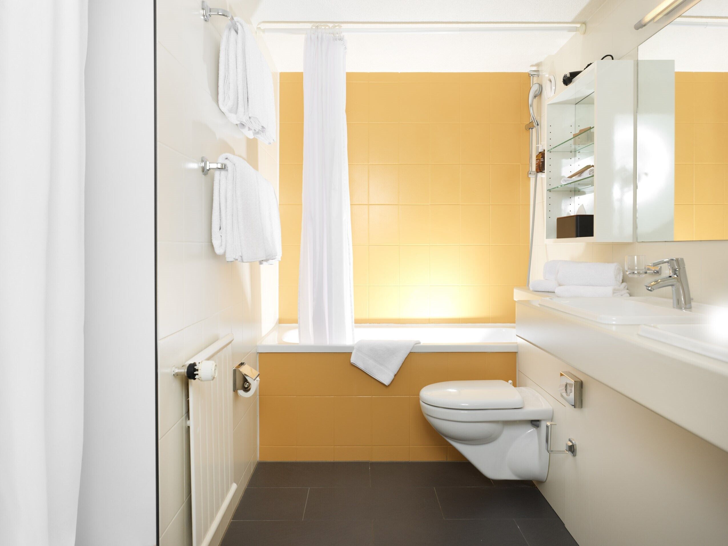 combined shower/bathtub, deep-soaking bathtub, hair dryer, bathrobes