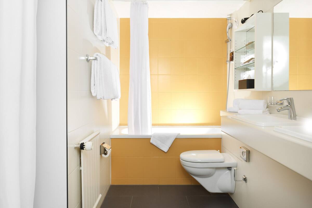 combined shower/bathtub, deep-soaking bathtub, hair dryer, bathrobes