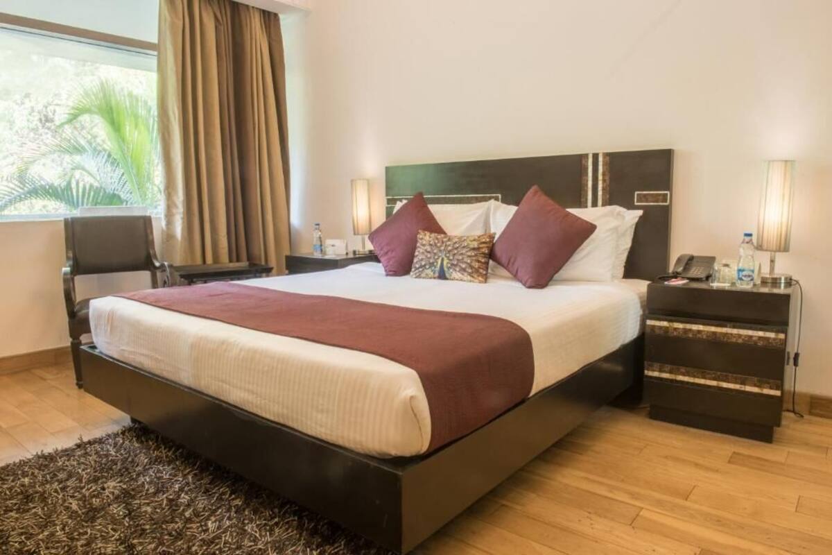 A hotel room with a large bed, a nightstand with a lamp, a chair, and a view of palm trees through the window.