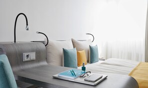 Hypo-allergenic bedding, free minibar, in-room safe, desk