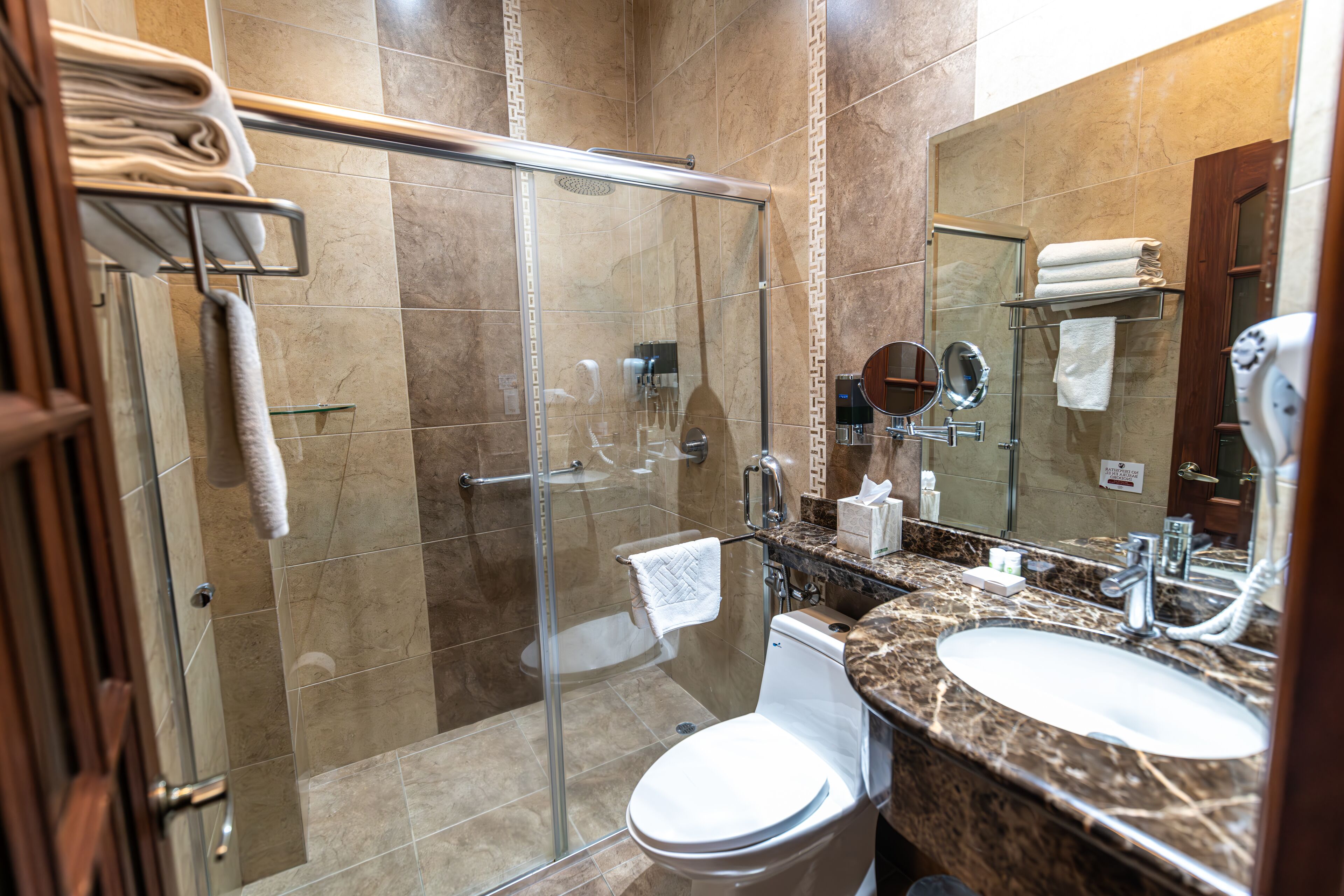 free toiletries, hair dryer, towels, soap