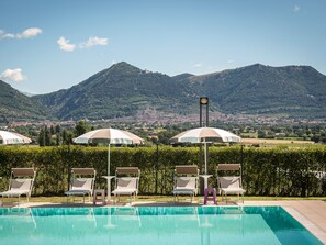 Seasonal outdoor pool, pool umbrellas, sun loungers