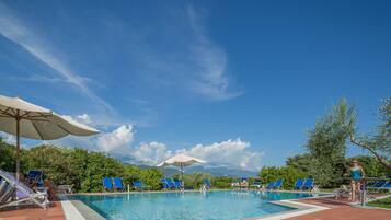 Outdoor pool, pool umbrellas, pool loungers