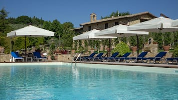 Seasonal outdoor pool, pool umbrellas, pool loungers