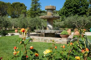 A garden with a stone fountain, surrounded by green grass and flowering plants. - Santa Maria degli Ancillotti (Assisi)