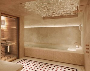 Un sauna, una bañera de hidromasaje