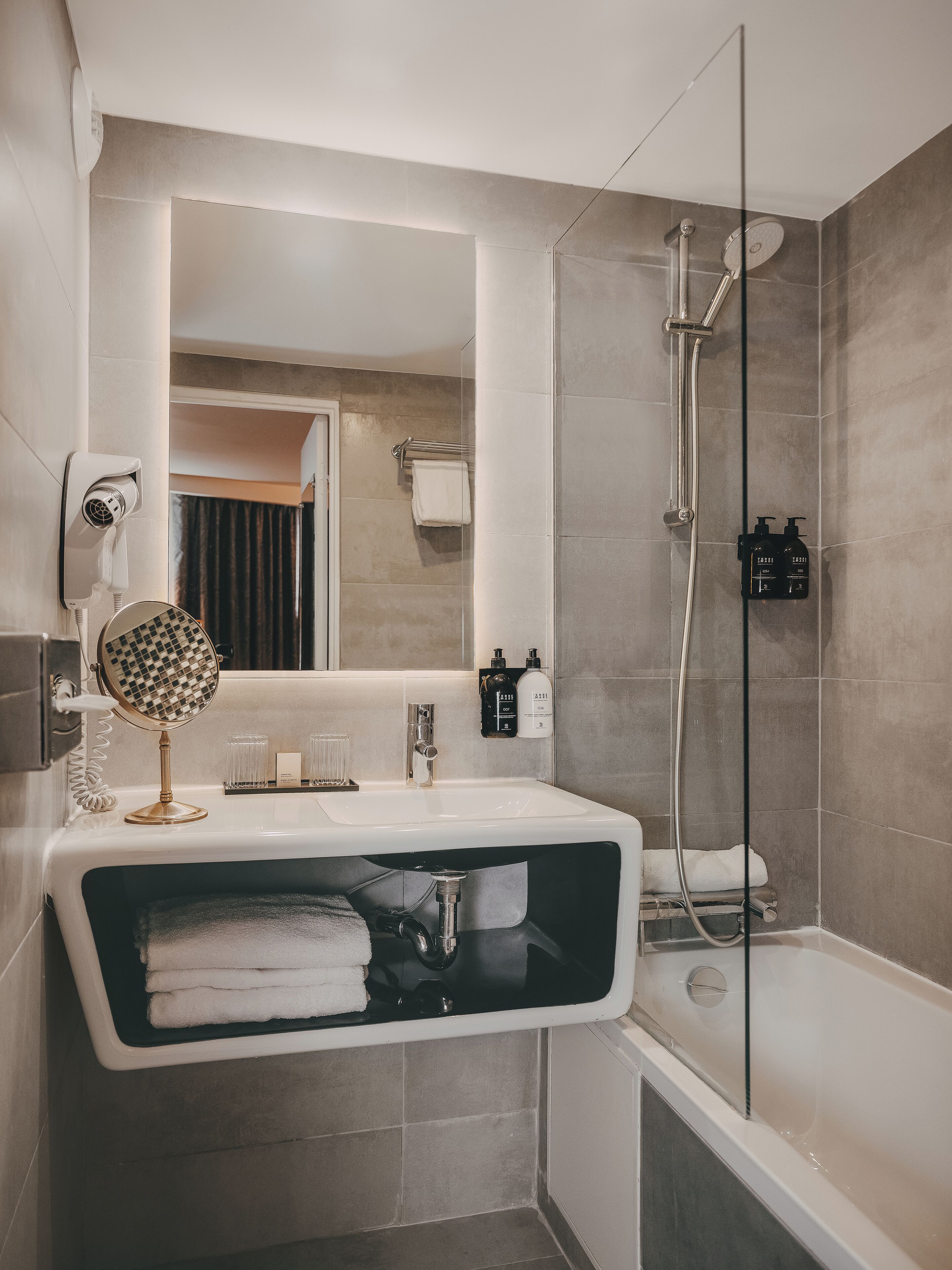 free toiletries, hair dryer, towels