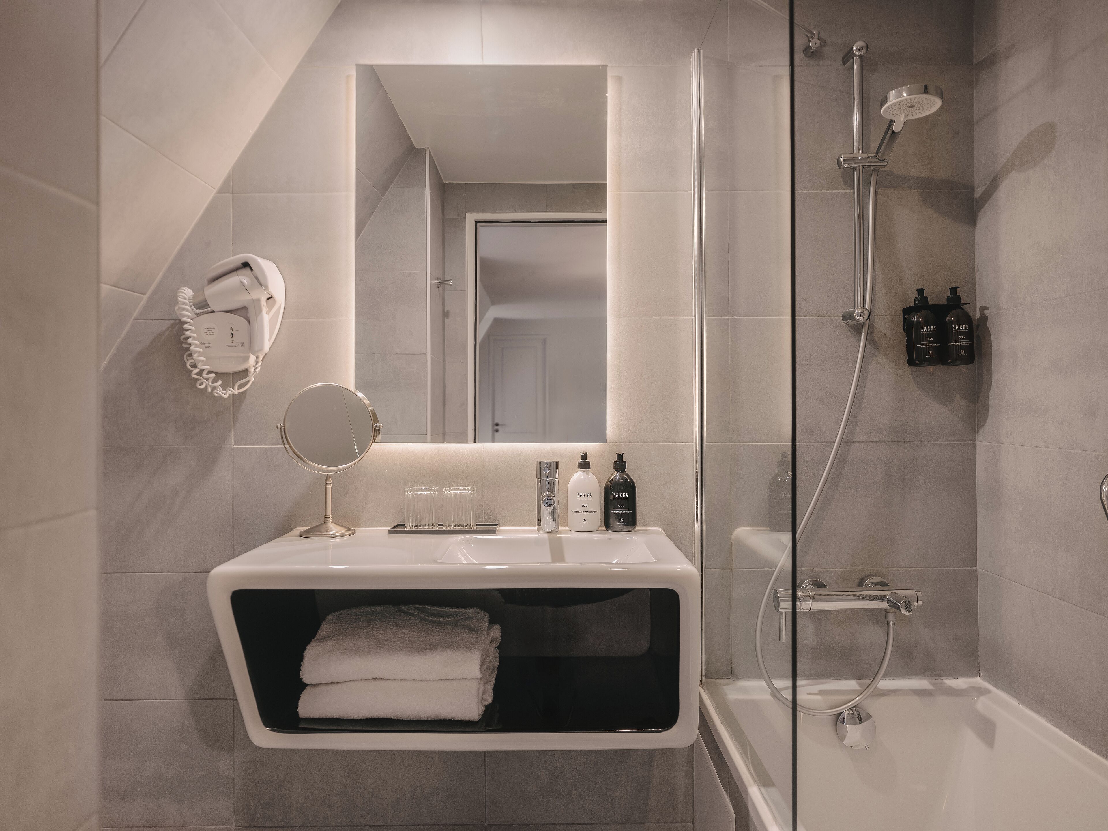 free toiletries, hair dryer, towels