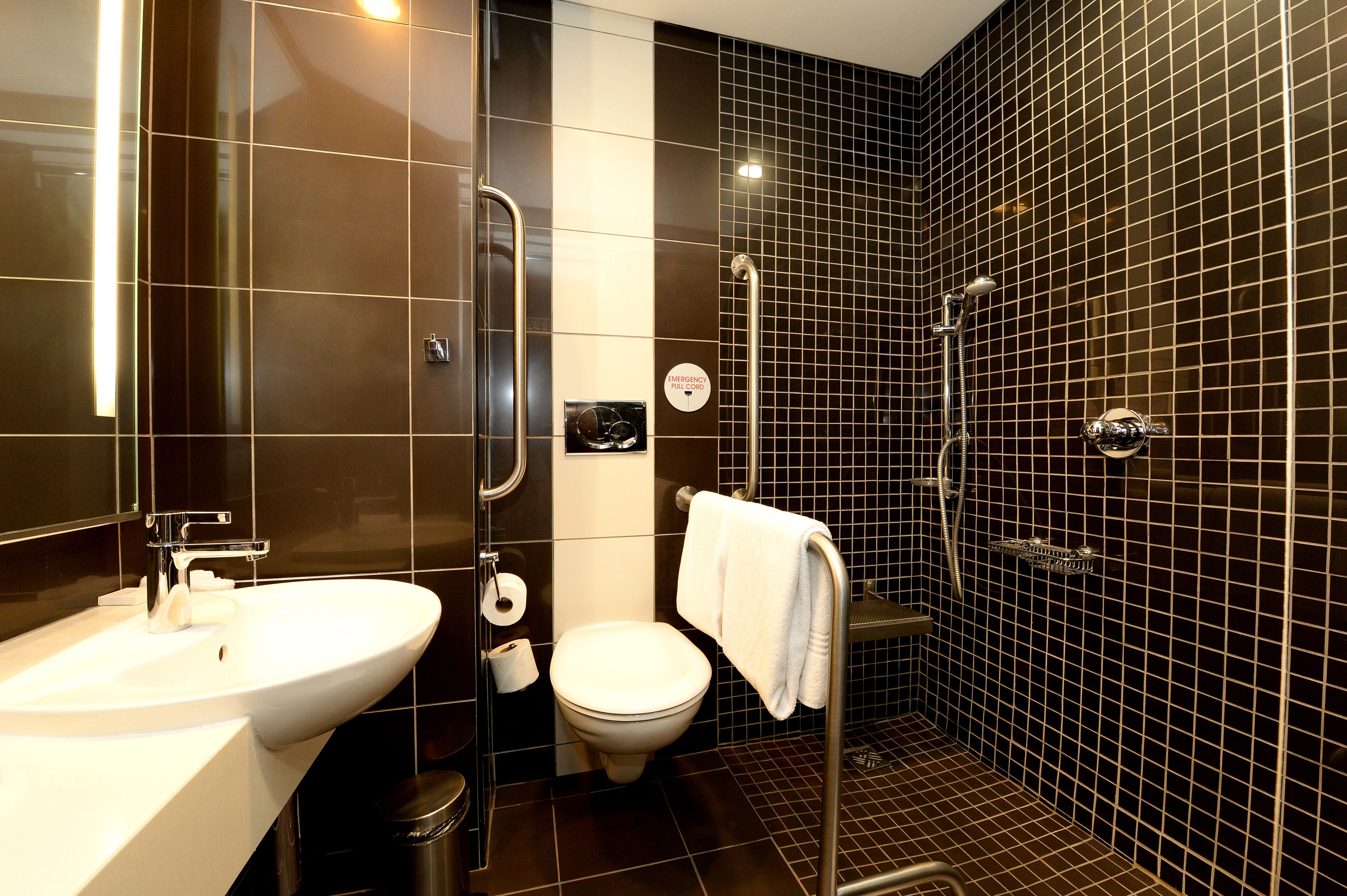 Une salle de bain moderne équipée d’un lavabo, de toilettes et d’une douche.