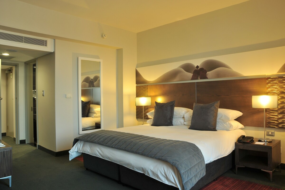 Une chambre d’hôtel avec un grand lit, des lampes de chevet, un miroir et une armoire.
