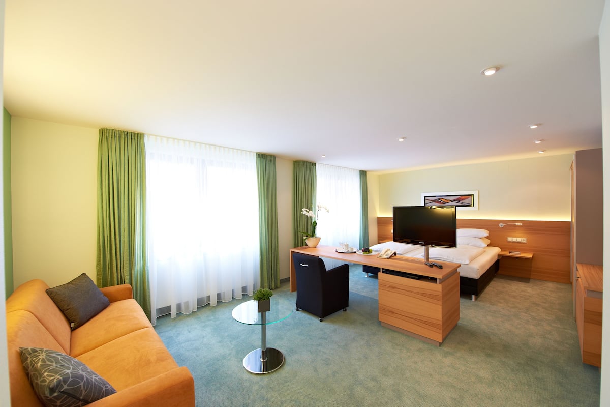 Habitación de hotel con sofá, escritorio, cama, televisión y una pequeña mesa con planta.