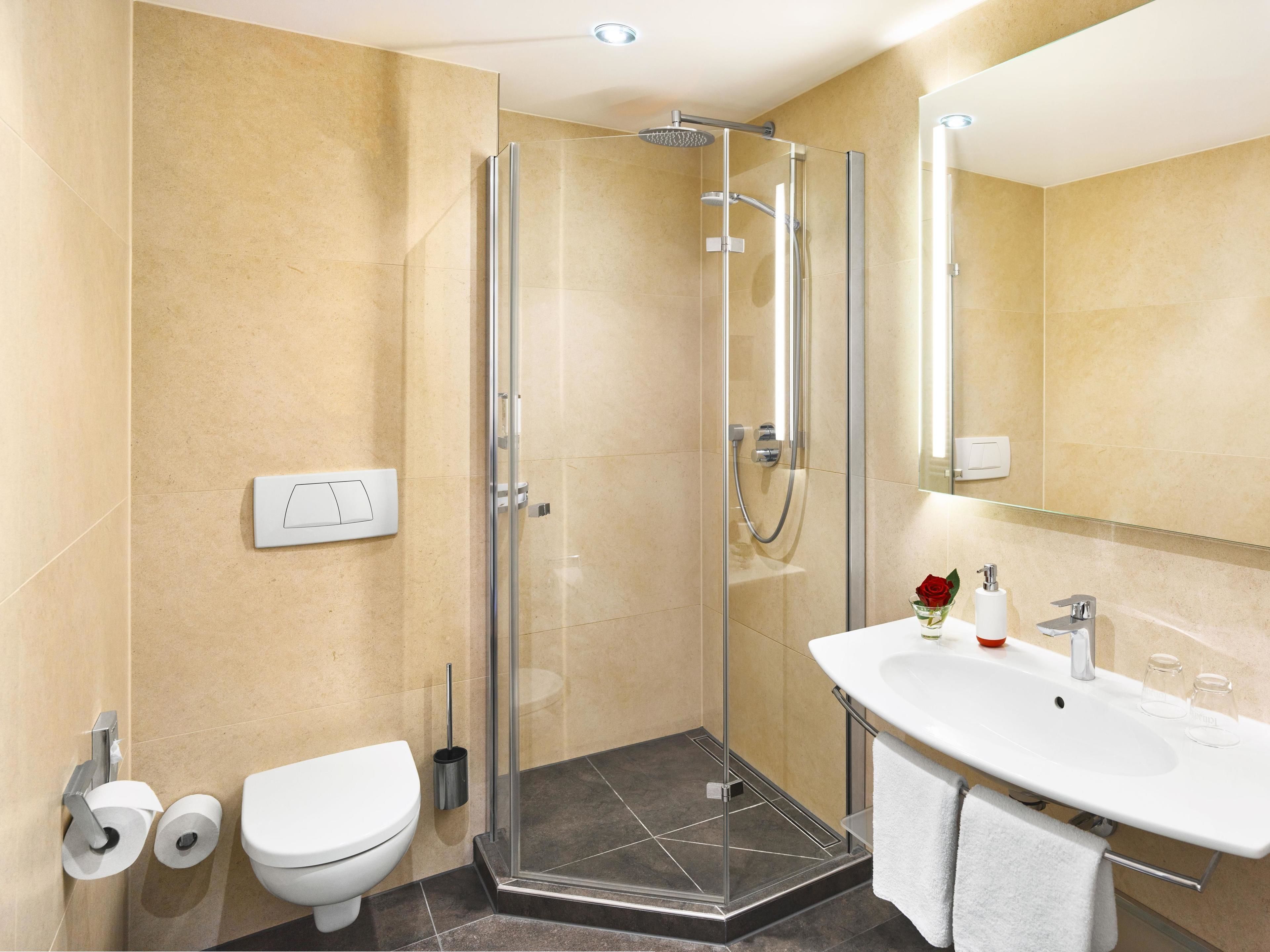 shower, free toiletries, hair dryer, towels