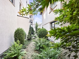 Une ruelle étroite, avec un chemin de gravier bordé d’une végétation luxuriante et de grands arbres, qui mène à un bâtiment à la façade blanche et aux nombreuses fenêtres.