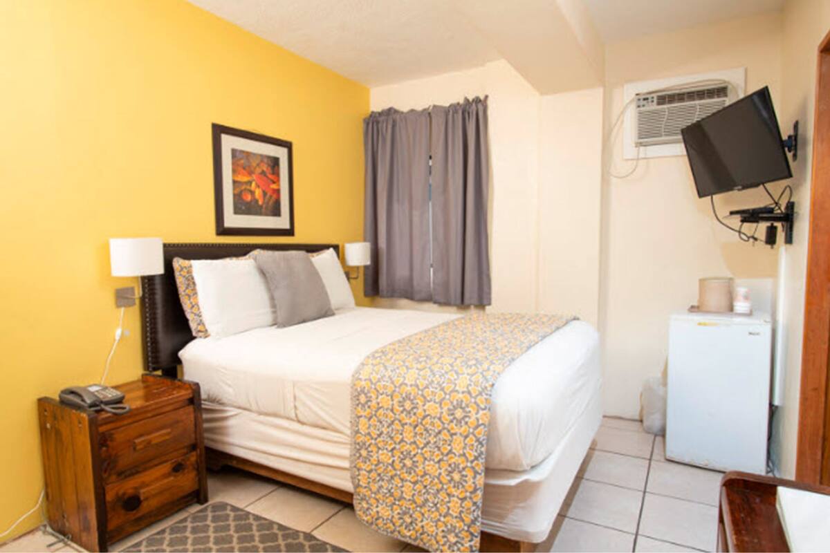 A bedroom with a bed, bedside tables, a nightstand, a television, and a refrigerator.