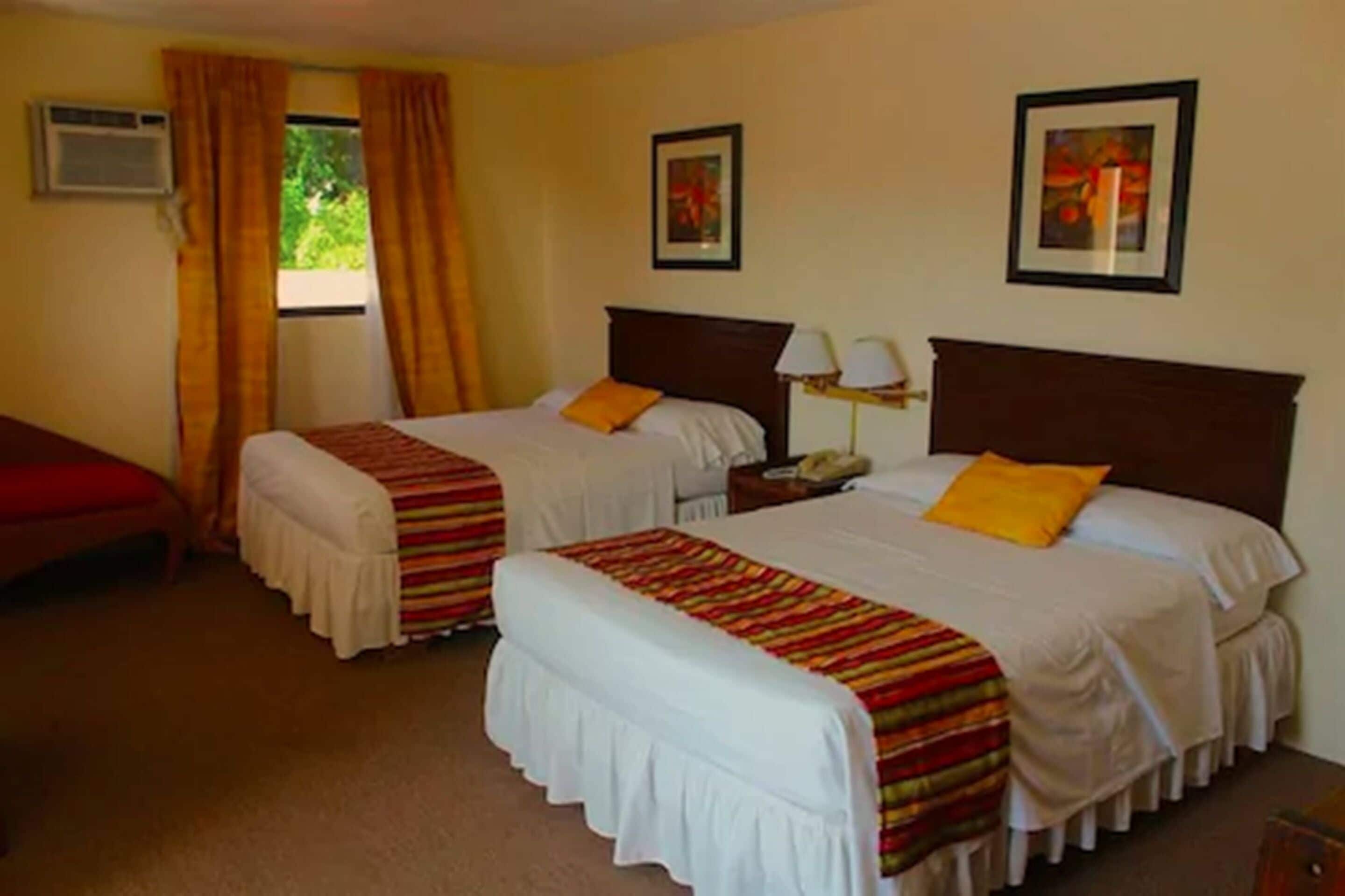 A hotel room with two beds, each with a white bedspread and a colorful striped blanket. There is a window with curtains, a bedside table with a lamp, and a framed picture on the wall.