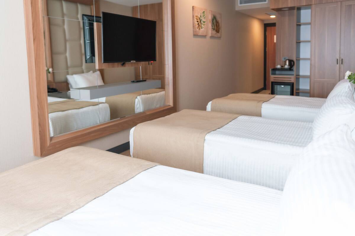 Quarto de hotel com duas camas, televisão, espelho e uma pequena cozinha.
