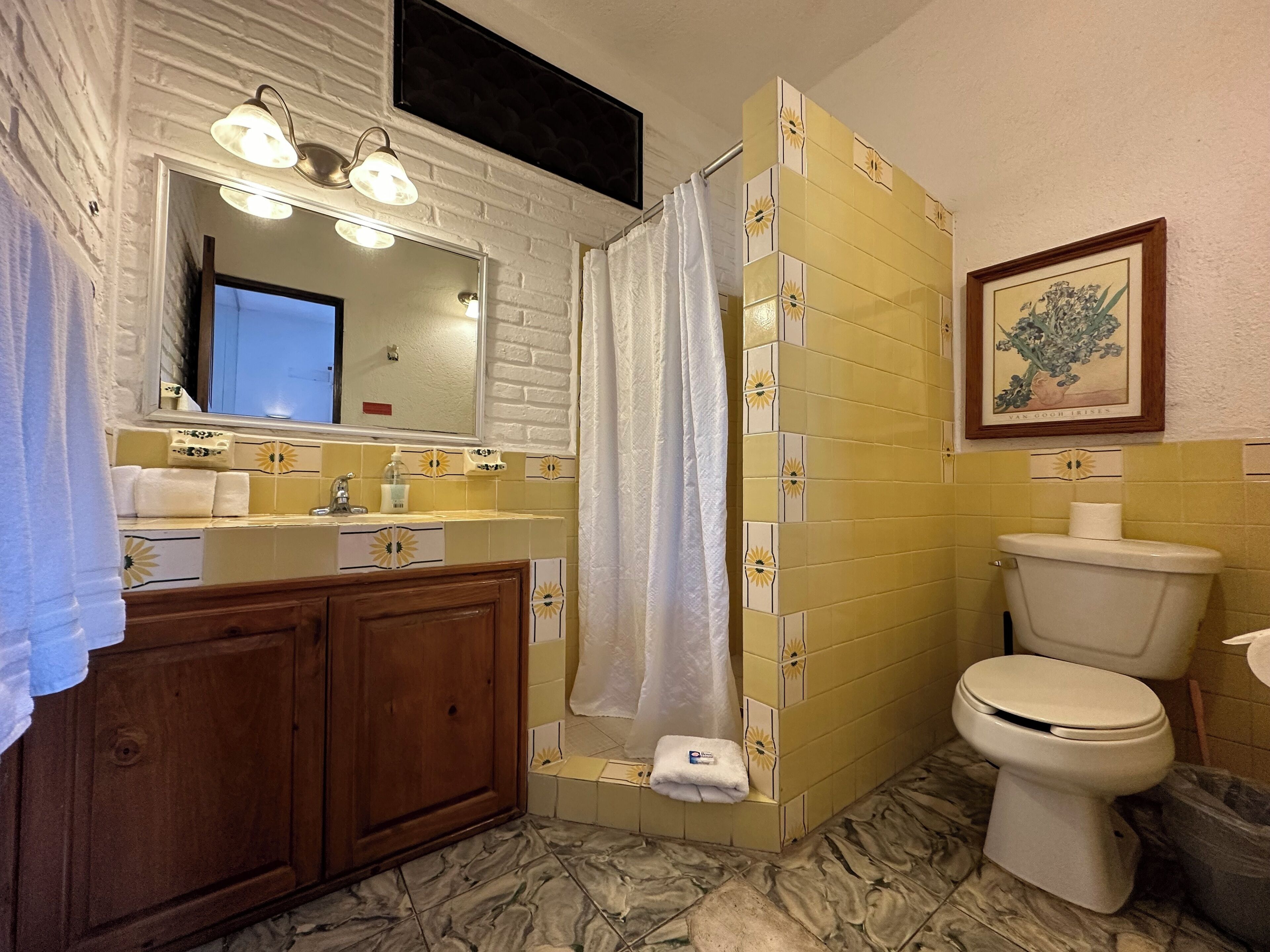 A bathroom with a wooden vanity, a mirror, a toilet, and a shower curtain.