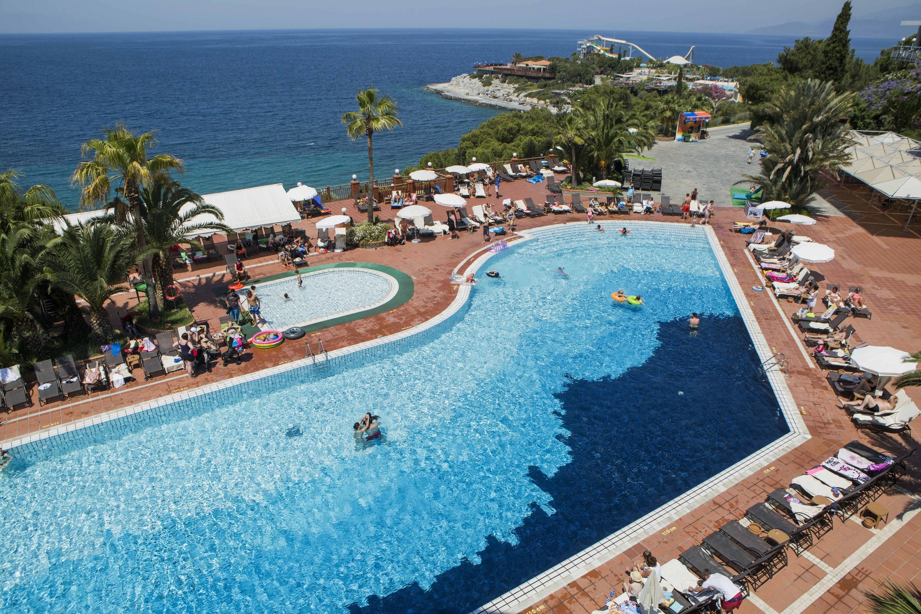 Una gran piscina al aire libre con sillones de descanso y sombrillas, rodeada de palmeras y vistas al mar.