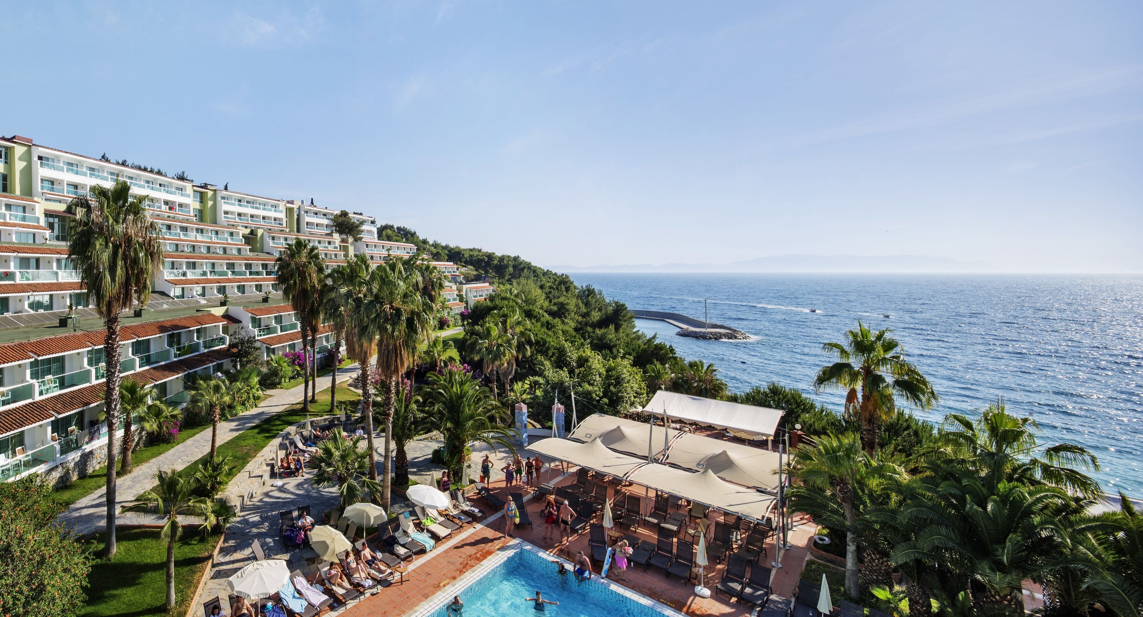 A resort with a pool area, palm trees, and a view of the sea.