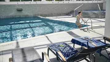 Indoor pool, outdoor pool, pool umbrellas, sun loungers
