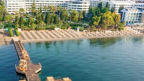 A waterfront hotel with a dock extending into the water, featuring several wooden cabanas.