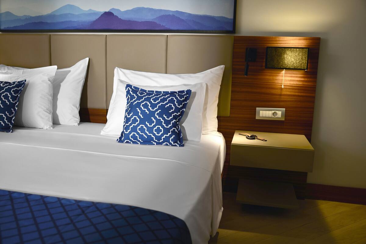 A hotel room with a bed, white and blue patterned pillows, a nightstand with a lamp, and a painting of mountains on the wall.