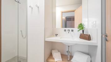 Shower, free toiletries, hair dryer, towels