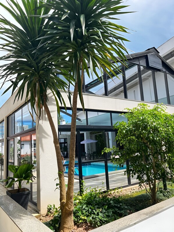 Indoor pool, outdoor pool, sun loungers