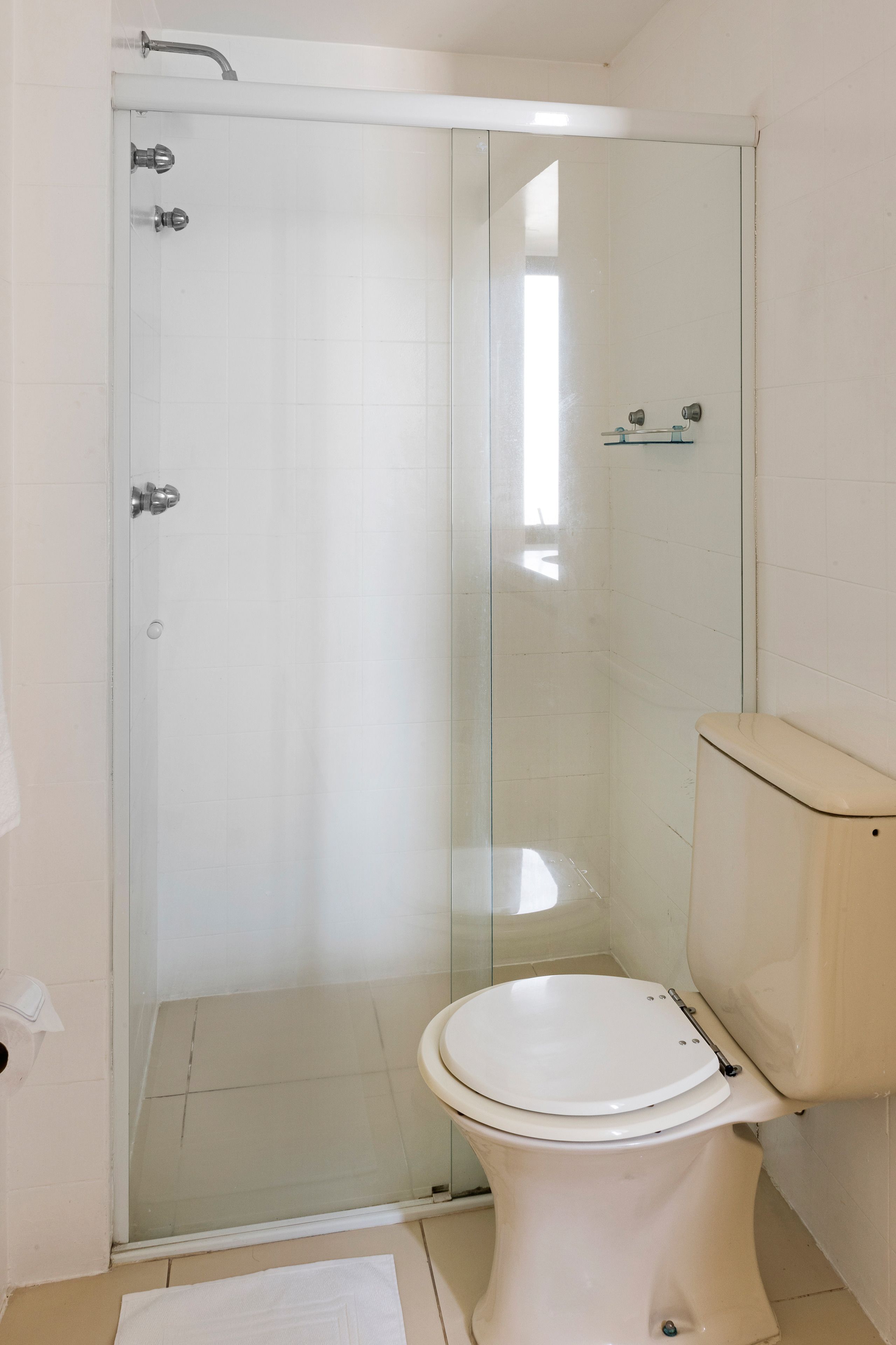 A bathroom with a glass-enclosed shower, a white toilet, and a small shelf above the toilet.