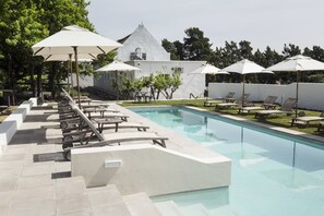 Outdoor pool, pool umbrellas, pool loungers