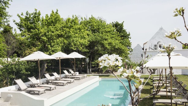 A pool area with lounge chairs and umbrellas, surrounded by trees and a white building in the background. - Klein Waterval Riverside Lodge (Franschhoek)