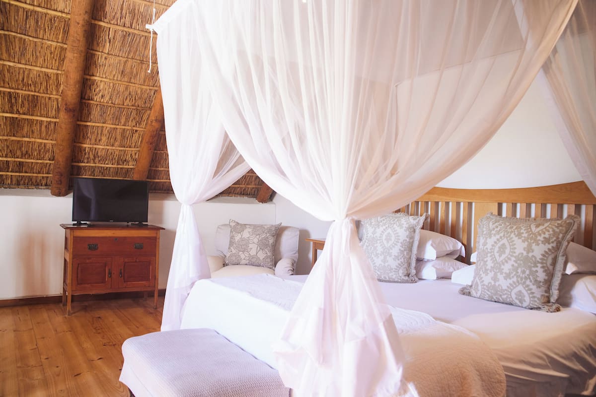 A bedroom with a canopy bed, wooden headboard, and a television on a wooden dresser.