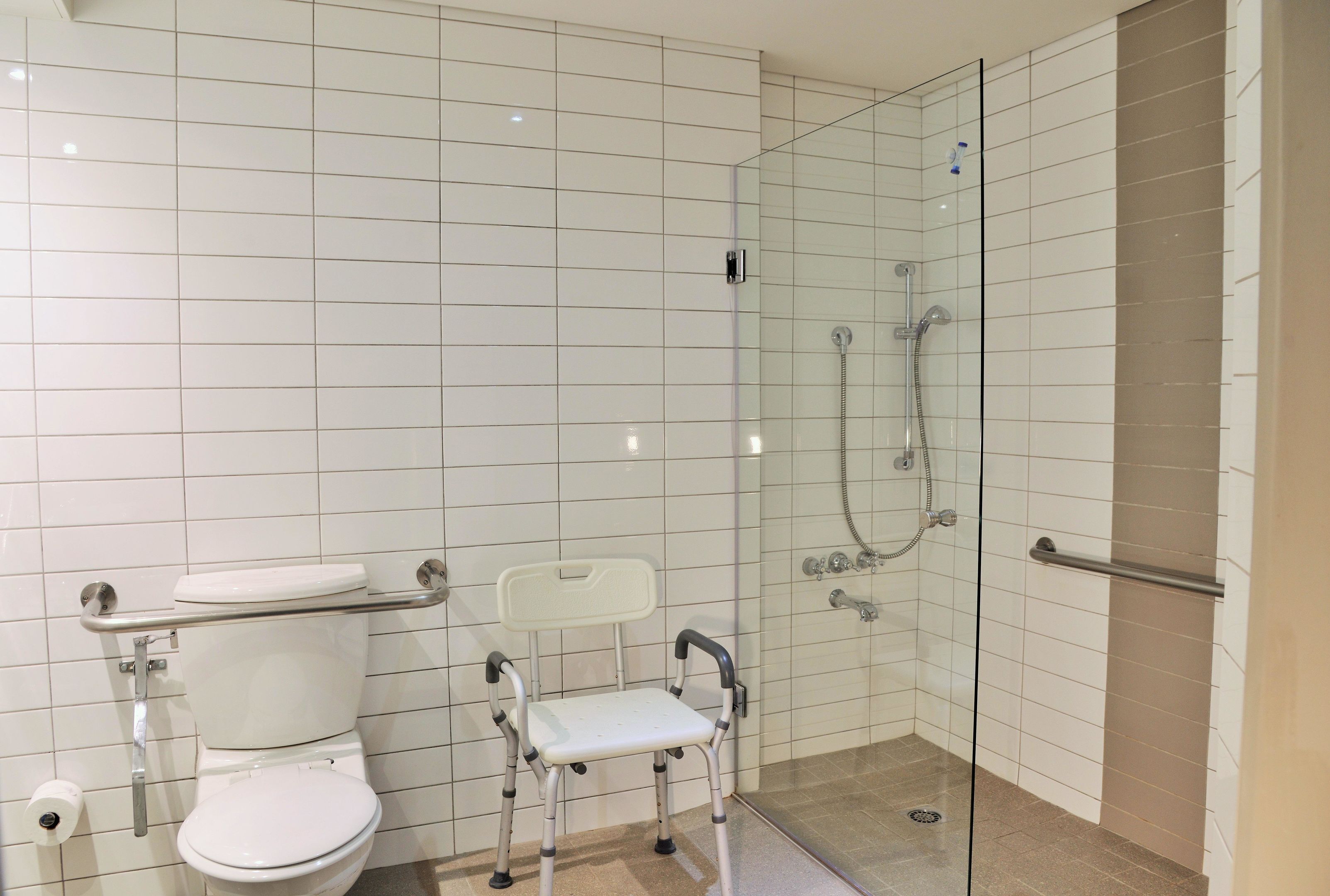 A modern bathroom with a glass-enclosed shower, a white toilet, and a grab bar for safety.