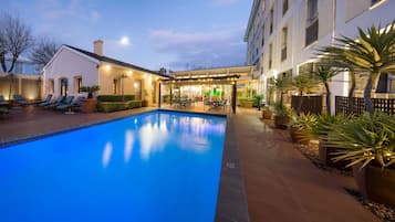 Outdoor pool, pool umbrellas, pool loungers