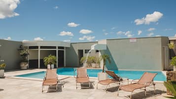 Outdoor pool, sun loungers