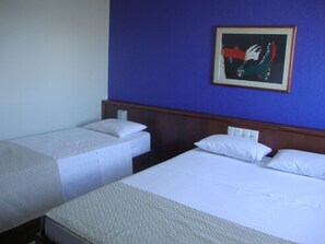 Two single beds with white mattresses and pillows, a framed picture, and a simple layout.